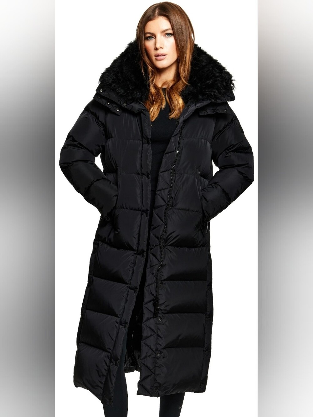 SAM. Black Long Quilted Puffer Coat with Faux Fur Hood